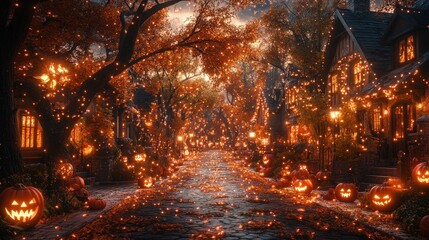 Enchanted Halloween street with glowing pumpkins and autumn leaves.