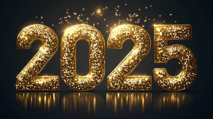 new year 2025, gold line typography of "2025" on a navy background, gold confetti, New Year party