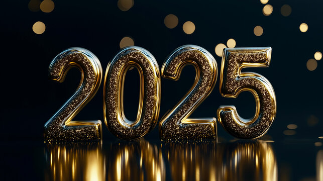 new year 2025, gold line typography of "2025" on a navy background, gold confetti, New Year party - Powered by Adobe