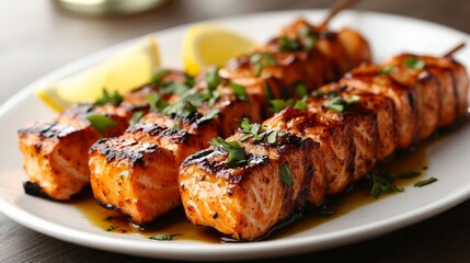Grilled Salmon Skewers with Lemon and Herbs on a White Plate