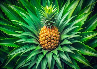 Fototapeta premium Aerial View of Lush Pineapple Tree with Ripe Pineapple and Vibrant Green Leaves, Showcasing Tropical Agriculture and