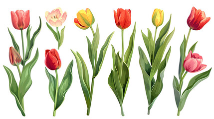 Obraz premium Set of beautiful red and orange spring tulips on white background. Botanical vintage watercolor illustration. Spring composition for greeting cards, holidays 