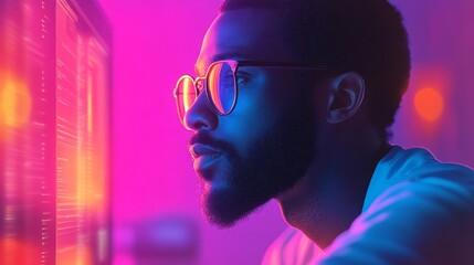Close-up Profile of a Man in Glasses Under Neon Lights