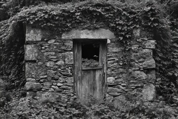 Overgrown Abandoned Stone Building with Decaying Doorway, Nature's Reclaim of Forgotten Structures, Abandoned Decay Overgrown, Eerie Atmosphere, Rustic Charm, Nature Photography, Time Capsule, Lost