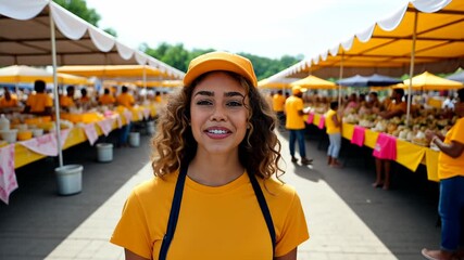 Smiling beautiful young woman vendor in a yellow t-shirt at a vibrant outdoor market on a sunny day