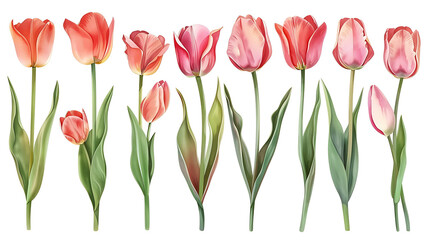 Obraz premium Set of beautiful red and orange spring tulips on white background. Botanical vintage watercolor illustration. Spring composition for greeting cards, holidays 