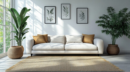 cozy minimalist living room featuring white sofa with brown cushions, surrounded by indoor plants and framed botanical art. Natural light enhances serene atmosphere