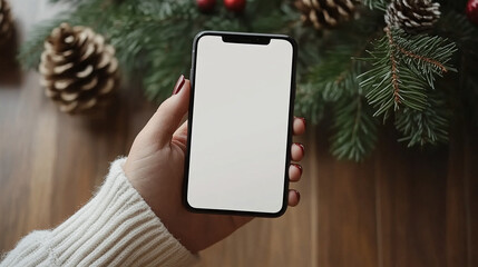 Christmas advertising, app template. Hand holding phone with empty screen on table background. Happy New Year and Xmas flat lay.