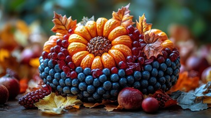 A colorful autumn arrangement of fruits and pumpkins.