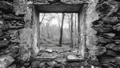 Fototapeta premium Solitude in Stone A Window to Abandoned Decay, A Glimpse of Nature's Reclaim, Loneliness in the Ruins of Time, A Silent Witness to the Past, An Empty Frame, A Haunting Reminder of What Once Was