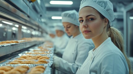 Woman in White Coat and Hairnet Looking at Camera in a Factory Setting