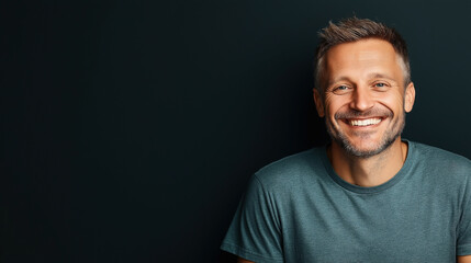 Obraz premium Smiling middle-aged man with short hair and stubble in a casual t-shirt against a dark background
