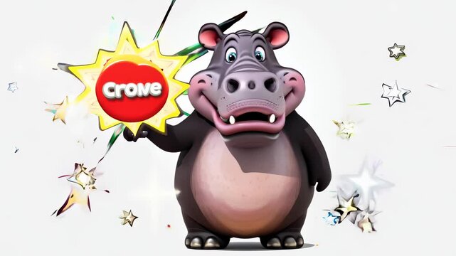 cartoon hippo holding a colorful sign with the word "Crome," 