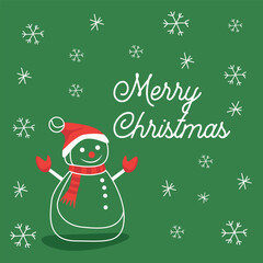 A simple and festive Christmas card with Merry Christmas greetings on a green background, white snowflakes and a snowman. Ideal for holiday greetings and seasonal decor.