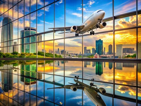 Airplane Landing at Manila Airport Reflected in Terminal Glass for Stunning Aerial Photography