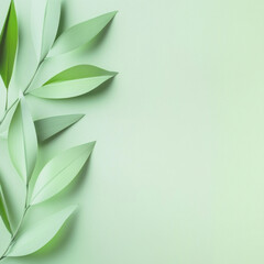 Obraz premium Fresh green leaves on light green background create serene atmosphere. This composition evokes sense of calm and nature beauty, perfect for various design projects