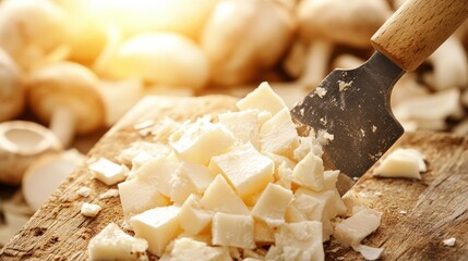 Fototapeta premium Freshly Sliced Mushrooms on Wooden Cutting Board for Cooking