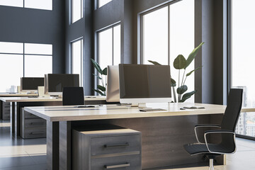 Modern spacious coworking office interior with windows, city view and daylight. 3D Rendering.