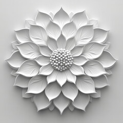 modern, minimalistic white mandala design featuring intricate floral patterns and layered petals, creating serene and elegant aesthetic