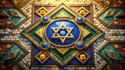 Obraz premium Star of David Mosaic with Gold and Blue Geometric Pattern