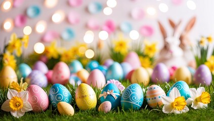 Colorful Easter eggs on green grass with Easter bunnies, daffodils and spring flowers in the background. Easter greeting card
