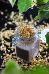 Dried jasmine flowers. Jasmine in jar of sugar. Fragrant sugar.