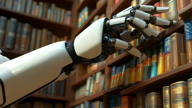 Robotic hand reaching for books on a library shelf, symbolizing the intersection of artificial intelligence and knowledge preservation