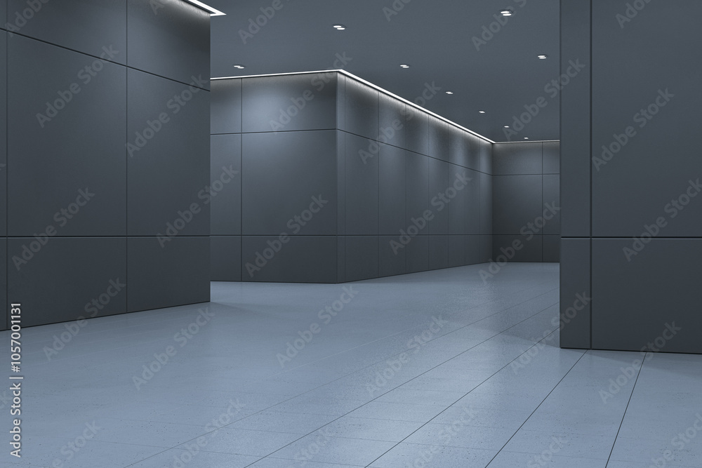 Aufkleber bright empty dark spacious interior with mock up place. 3d rendering.