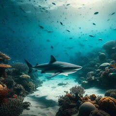 Fototapeta premium A shark swimming slowly near the ocean floor with a coral reef background