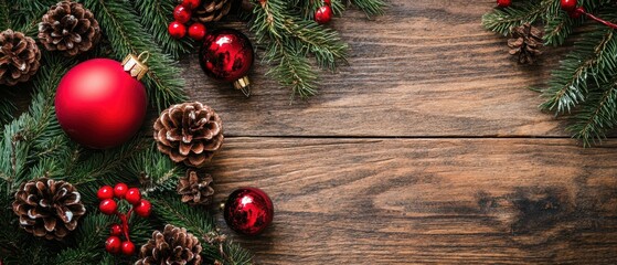 Cozy Christmas Decoration with Red Ornaments and Pinecones on Wooden Background