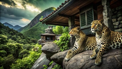 Obraz premium Architectural Photography of Leopards Observing the Wilderness in a Natural Habitat Setting