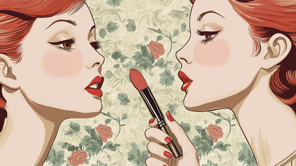 Young and beautiful women apply makeup and lipstick