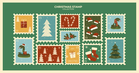 Retro Festive collection of Christmas and New Year postage stamps for envelopes with snowflakes,trees, snake and gifts for holiday greetings.Winter  stickers.Poster and cards.Cold season.Holiday days.