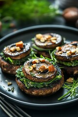 Delicious stuffed portobello mushrooms topped with herbs and nuts served on a black plate with fresh greens