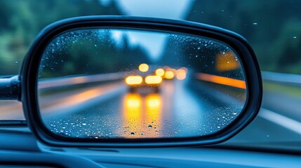 Glistening rain droplets on rearview mirror with blurred headlights, a peaceful image of driving in the rain.