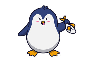 Cute Penguin Carrying a Fish Illustration