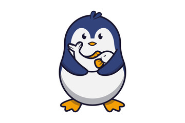 Cute Penguin Holding a Fish Illustration