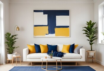 Modern Interior Poster Frame Mockup in Contemporary Living Room - 3D Render, Minimalist Poster Frame Mockup in a Modern Living Room - 3D Render Design