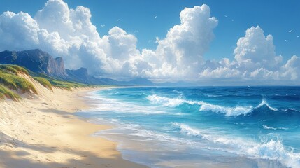 Serene beach scene with blue ocean and fluffy clouds.
