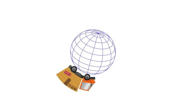 Animation Delivery van with cardboard box and globe. 4k UHD video.