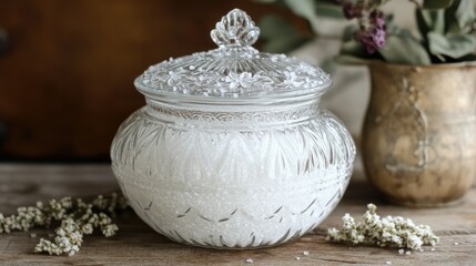 Granulated sugar in a clear glass jar with a decorative lid, set on a rustic wooden countertop.