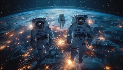 Fototapeta premium Three Astronauts Floating in Space Over Earth at Night