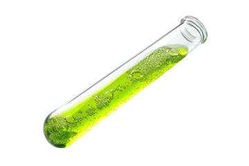 Close-up of a test tube filled with vibrant green liquid, showcasing laboratory experiment and scientific research in chemistry.