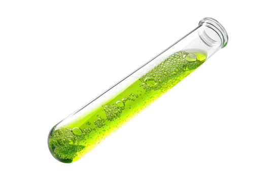 Close-up of a test tube filled with vibrant green liquid, showcasing laboratory experiment and scientific research in chemistry.