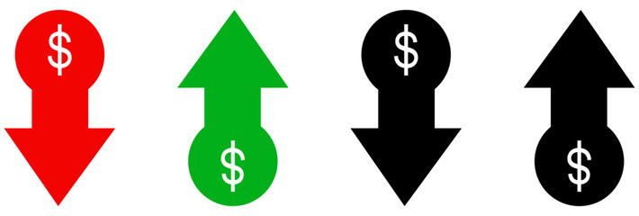 Money increase icon with arrow up symbol, dollar decrease icon . profit and lose money vector icons - Cost rising icon