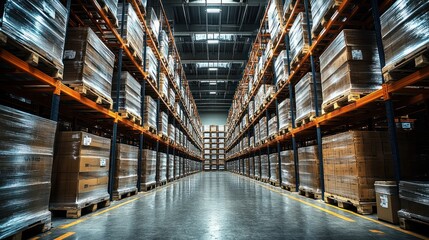 Fototapeta premium A spacious warehouse filled with stacked pallets and organized shelves.