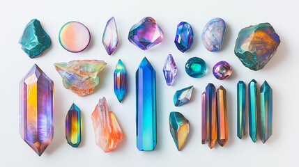 set of gemstones shimmering with aurora colors, various gemstones