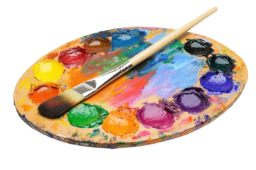 Vibrant artist's palette with various colorful paint blobs and a brush, perfect for creative projects, art class, or studio inspiration.