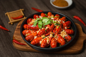 Summer gourmet garlic crawfish close-up 4K