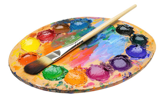 Vibrant artist's palette with various colorful paint blobs and a brush, perfect for creative projects, art class, or studio inspiration.